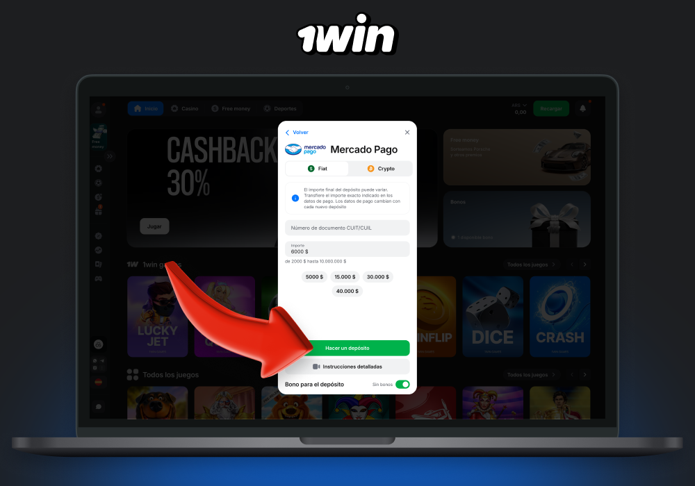 Una vez completado el registro, ingrese fondos en su cuenta a través de la sección Ingresar para empezar a jugar en el sitio web de 1win