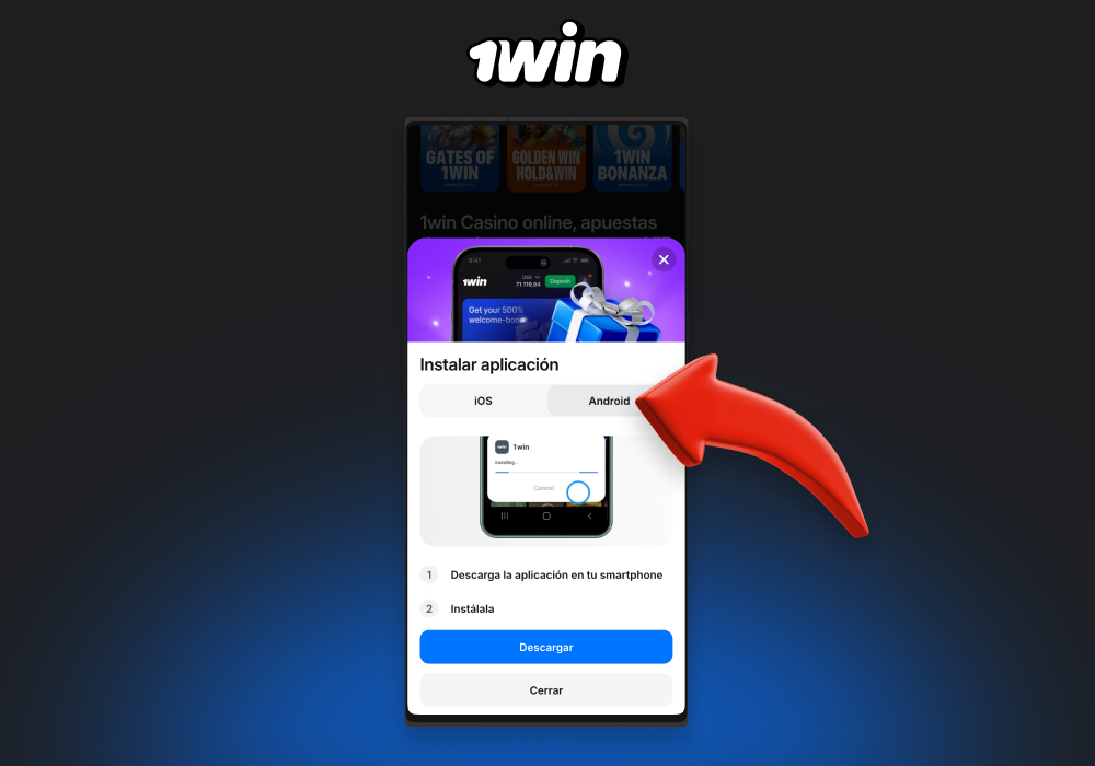 Para descargar la aplicación 1win en Android, busque la opción del ícono de Android en el sitio web y haga clic en ella