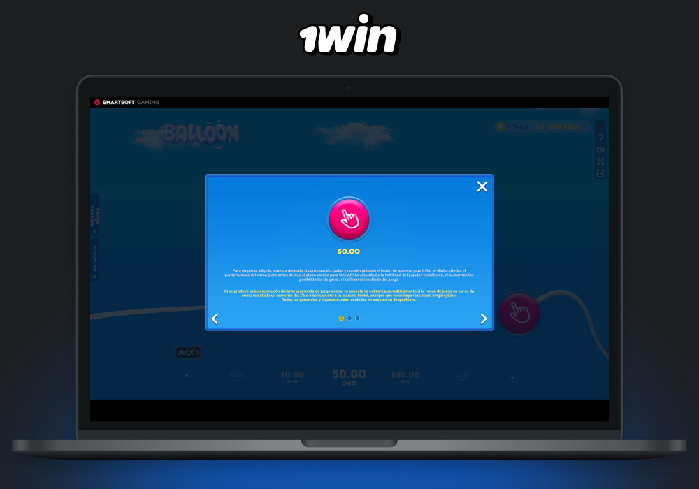 Según las reglas del juego Balloon 1win, hay que detener el inflado del globo a tiempo para conservar la ganancia
