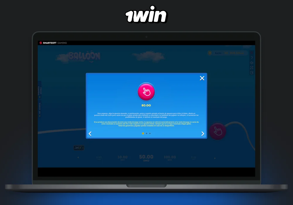 Según las reglas del juego Balloon 1win, hay que detener el inflado del globo a tiempo para conservar la ganancia