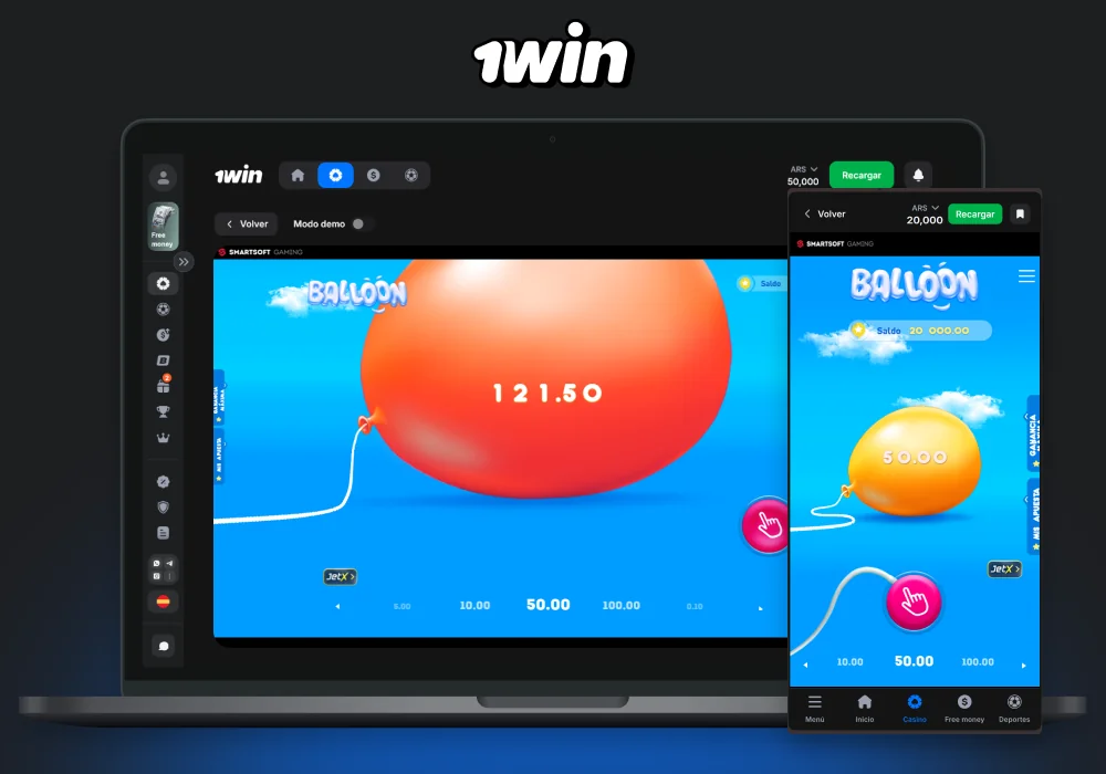 El juego Balloon en 1win Argentina te permite ganar dinero real y recibir un bono de bienvenida de hasta el 500 %