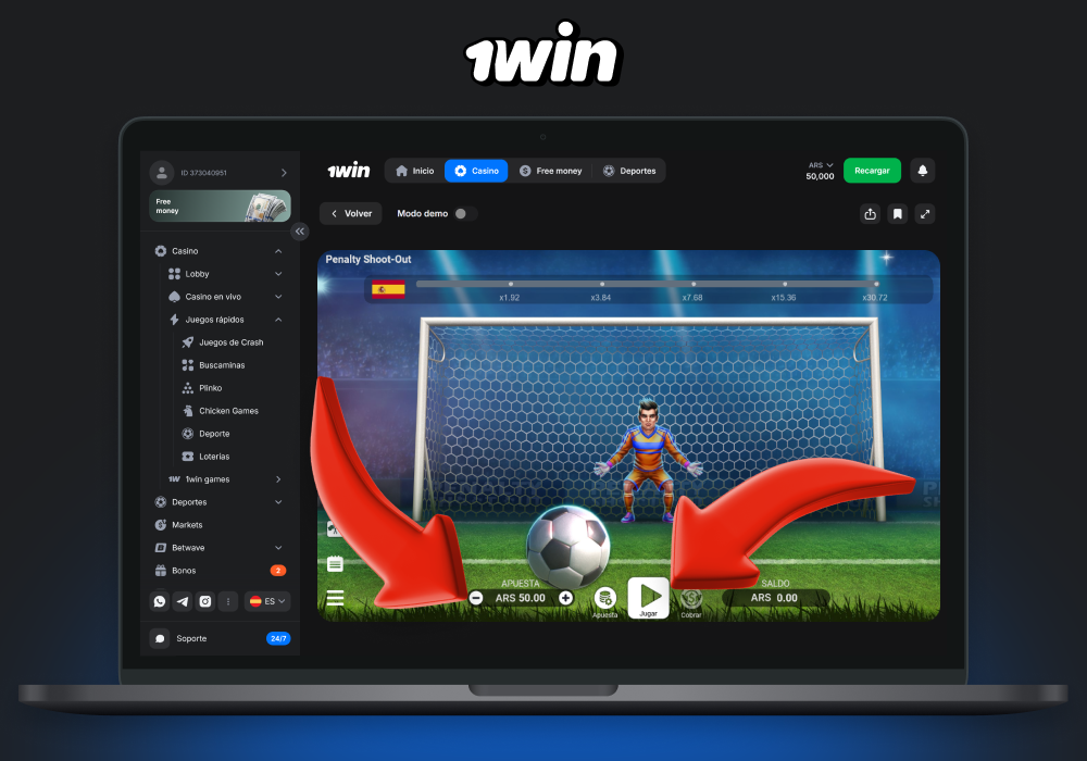 Para jugar a Penalty Shoot Out en 1win Argentina, regístrate, realiza un depósito y inicia el juego