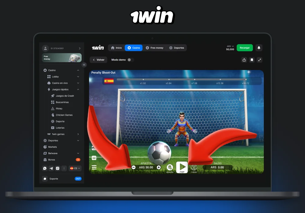 Para jugar a Penalty Shoot Out en 1win Argentina, regístrate, realiza un depósito y inicia el juego