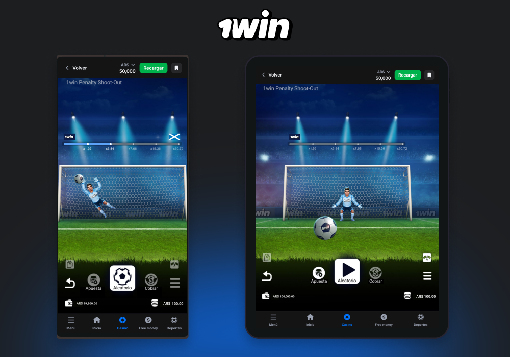 Descarga la app de 1win para Android o iOS y juega a Penalty Shoot Out desde tu celular