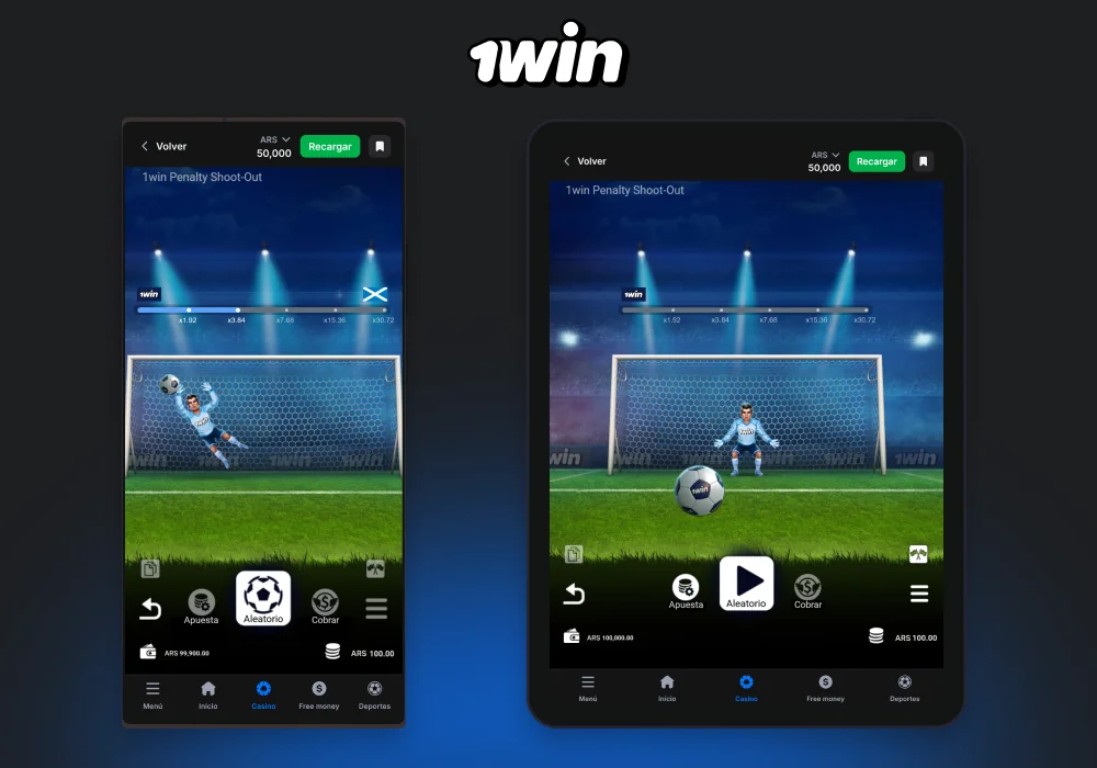 Descarga la app de 1win para Android o iOS y juega a Penalty Shoot Out desde tu celular