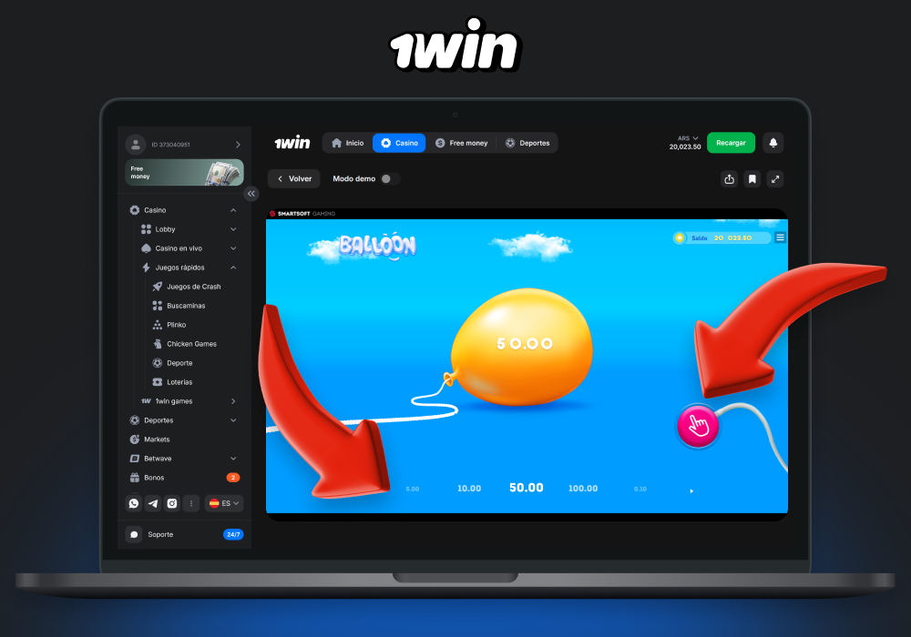 Regístrate en 1win, recarga tu cuenta y empieza a jugar a Balloon