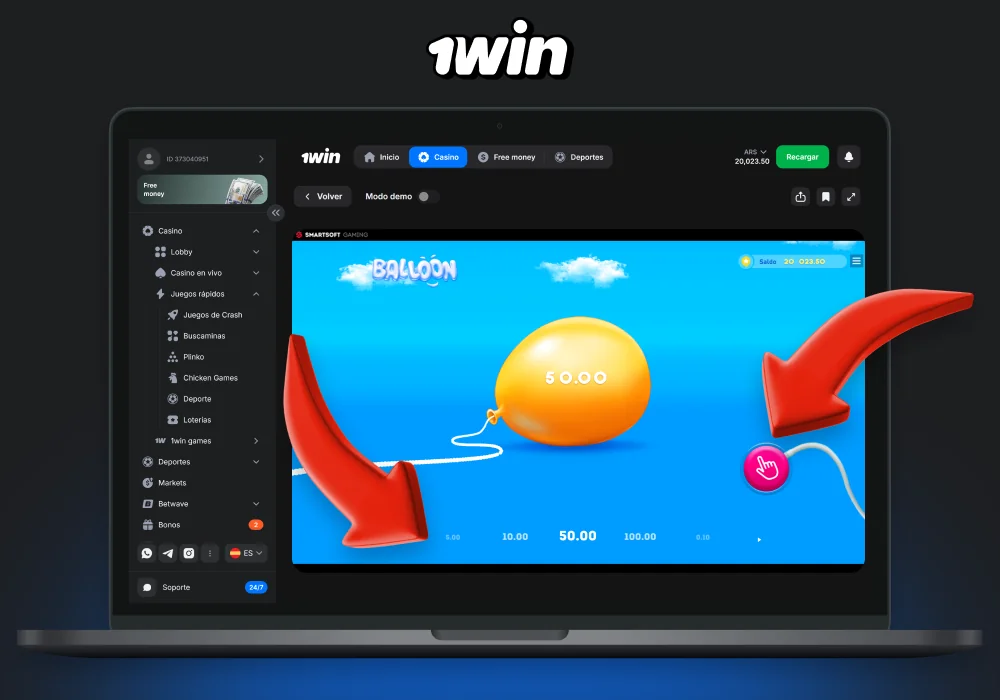 Regístrate en 1win, recarga tu cuenta y empieza a jugar a Balloon