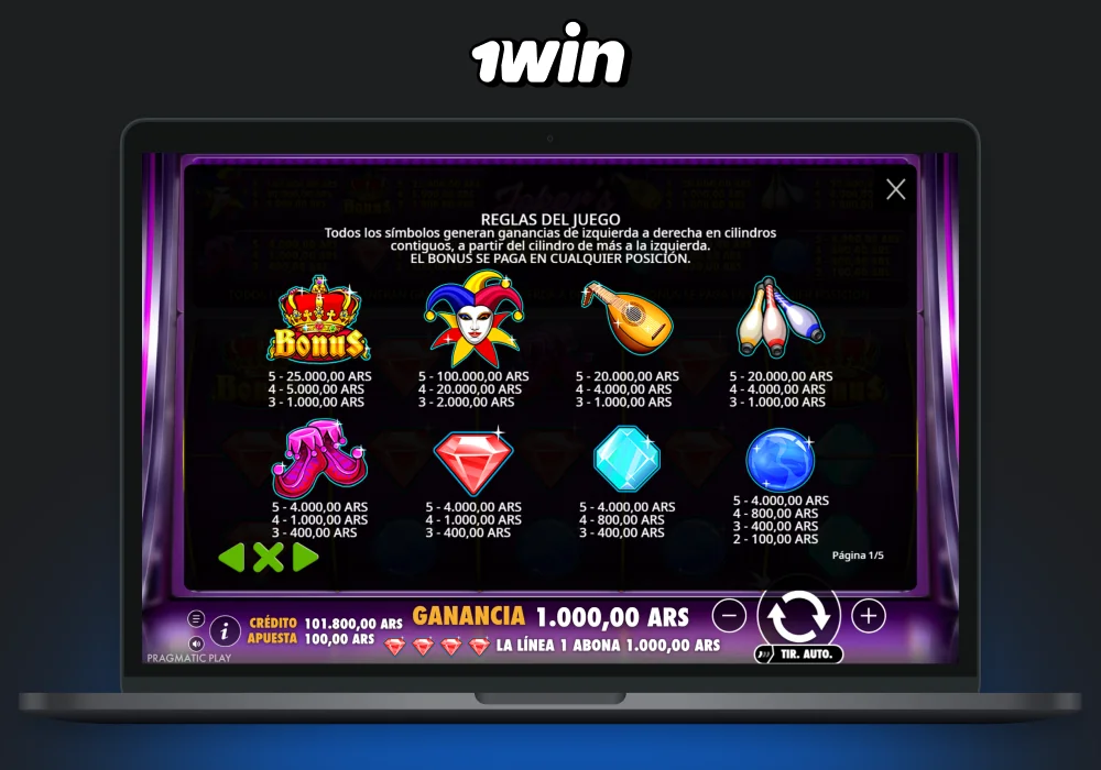 En la tragamonedas Joker's Jewels 1win, el jugador debe girar los carretes para formar combinaciones ganadoras